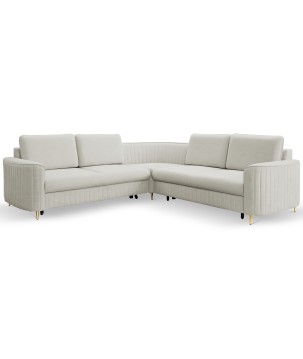 Narożnik LAREN nowoczesna sofa z funkcją spania, pojemnik na pościel, plastikowe nogi, prawa strona, JASNY ASHLEY, 251x251x85 cm