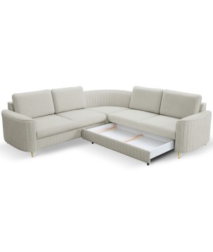 Narożnik LAREN nowoczesna sofa z funkcją spania, pojemnik na pościel, plastikowe nogi, prawa strona, JASNY ASHLEY, 251x251x85 cm