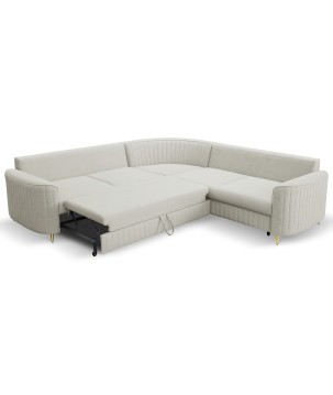Narożnik LAREN nowoczesna sofa z funkcją spania, pojemnik na pościel, plastikowe nogi, prawa strona, JASNY ASHLEY, 251x251x85 cm