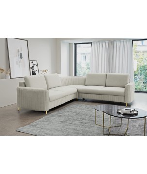 Narożnik LAREN nowoczesna sofa z funkcją spania, pojemnik na pościel, plastikowe nogi, prawa strona, JASNY ASHLEY, 251x251x85 cm