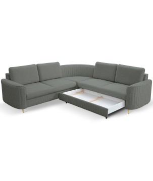 Narożnik LAREN nowoczesna sofa z funkcją spania, pojemnik na pościel, plastikowe nogi, prawa strona, CIEMNOSZARY, 251x251x85 cm