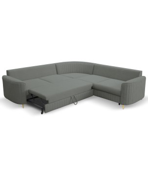 Narożnik LAREN nowoczesna sofa z funkcją spania, pojemnik na pościel, plastikowe nogi, prawa strona, CIEMNOSZARY, 251x251x85 cm