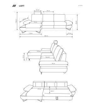 Narożnik LOFT z funkcją spania, regulowane zagłówki i podłokietniki, lewy, 284x96–166x89–104 cm, kolor ciemnoszary