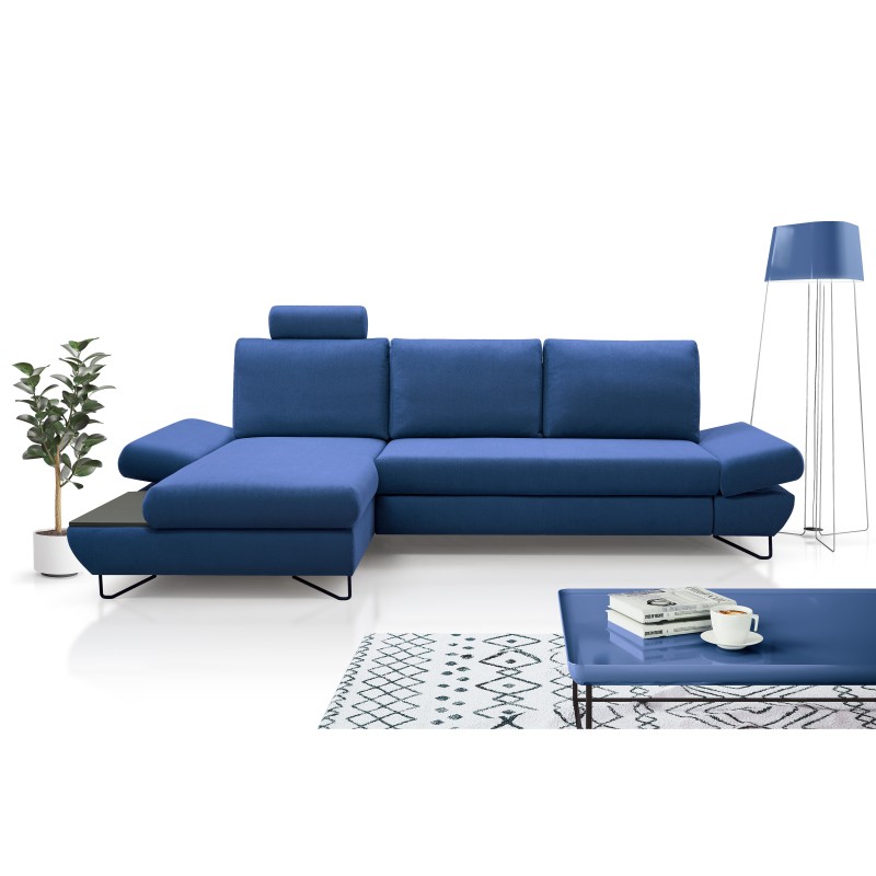 Narożnik LOFT z funkcją spania, regulowane zagłówki i podłokietniki, lewy, 284x96–166x89–104 cm, kolor niebieski