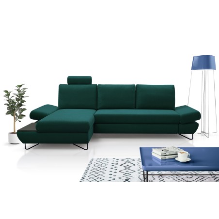 Narożnik LOFT z funkcją spania, regulowane zagłówki i podłokietniki, lewy, 284x96–166x89–104 cm, kolor zielony