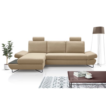 Narożnik LOFT z funkcją spania, regulowane zagłówki i podłokietniki, lewy, 284x96–166x89–104 cm, kolor beżowy