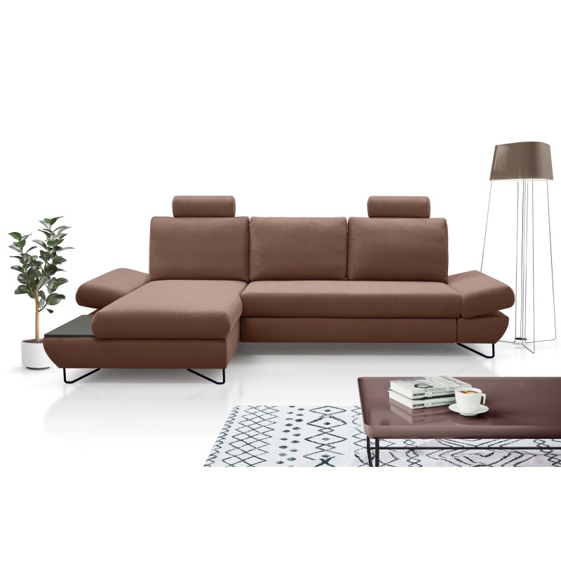 Narożnik LOFT z funkcją spania, regulowane zagłówki i podłokietniki, lewy, 284x96–166x89–104 cm, kolor jasnobrązowy