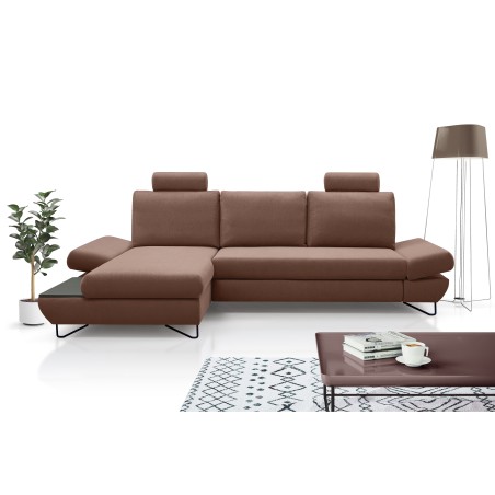 Narożnik LOFT z funkcją spania, regulowane zagłówki i podłokietniki, lewy, 284x96–166x89–104 cm, kolor jasnobrązowy