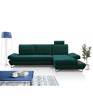 Narożnik LOFT z funkcją spania, regulowane zagłówki i podłokietniki, prawy, 284x96–166x89–104 cm, kolor zielony