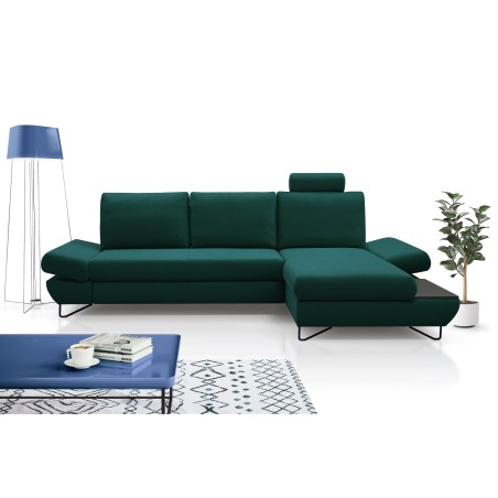 Narożnik LOFT z funkcją spania, regulowane zagłówki i podłokietniki, prawy, 284x96–166x89–104 cm, kolor zielony