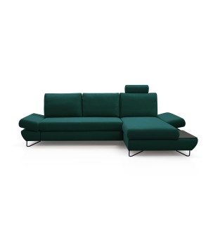 Narożnik LOFT z funkcją spania, regulowane zagłówki i podłokietniki, prawy, 284x96–166x89–104 cm, kolor zielony
