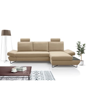 Narożnik LOFT z funkcją spania, regulowane zagłówki i podłokietniki, prawy, 284x96–166x89–104 cm, kolor beżowy