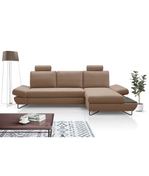 Narożnik LOFT z funkcją spania, regulowane zagłówki i podłokietniki, prawy, 284x96–166x89–104 cm, kolor cappuccino