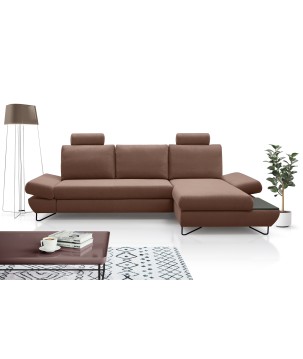 Narożnik LOFT z funkcją spania, regulowane zagłówki i podłokietniki, prawy, 284x96–166x89–104 cm, kolor jasnobrązowy