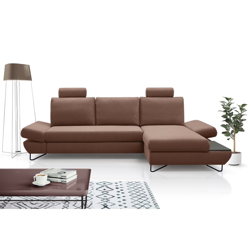 Narożnik LOFT z funkcją spania, regulowane zagłówki i podłokietniki, prawy, 284x96–166x89–104 cm, kolor jasnobrązowy