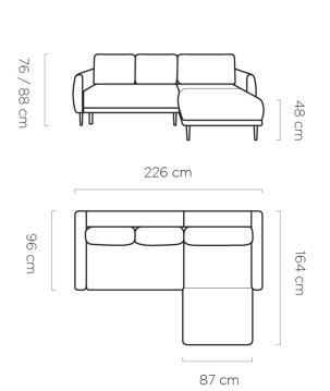 NAROŻNIK BONO Stylowa sofa z funkcją spania, Drewniane nóżki, Eleganckie podłokietniki, Głębokie siedzisko 226x164x88cm, Prawy s