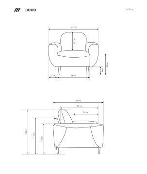 Fotel BOHO na drewnianych nogach z oparciem i podłokietnikami w tkaninie Perfect Harmony 56