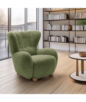 Fotel CIRO z szerokim siedziskiem i drewnianymi nogami w tkaninie ROLF 14