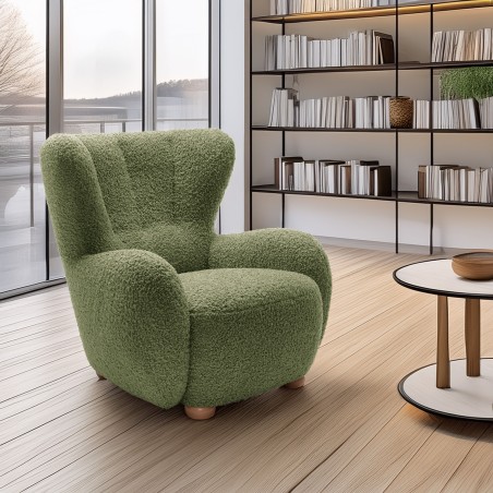 Fotel CIRO z szerokim siedziskiem i drewnianymi nogami w tkaninie ROLF 14