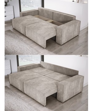 Kanapa KASJO Uniwersalny Sofo-Narożnik z funkcją spania i poduszkami, 2x pojemnik POSO 002 Cappucino DOMOHOME