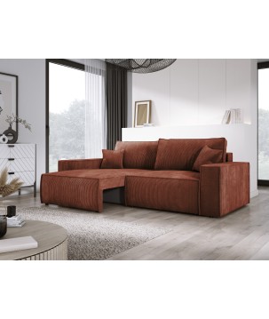 Kanapa KASJO Uniwersalny Sofo-Narożnik z funkcją spania i poduszkami, 2x pojemnik POSO 039 Miedziany DOMOHOME