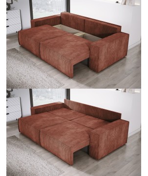 Kanapa KASJO Uniwersalny Sofo-Narożnik z funkcją spania i poduszkami, 2x pojemnik POSO 039 Miedziany DOMOHOME