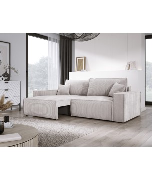 Kanapa KASJO Uniwersalny Sofo-Narożnik z funkcją spania i poduszkami, 2x pojemnik POSO 100 Brudna biel DOMOHOME