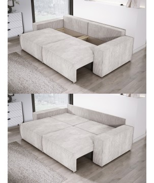 Kanapa KASJO Uniwersalny Sofo-Narożnik z funkcją spania i poduszkami, 2x pojemnik POSO 100 Brudna biel DOMOHOME