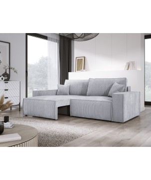 Kanapa KASJO Uniwersalny Sofo-Narożnik z funkcją spania i poduszkami, 2x pojemnik POSO 110 Popielaty DOMOHOME