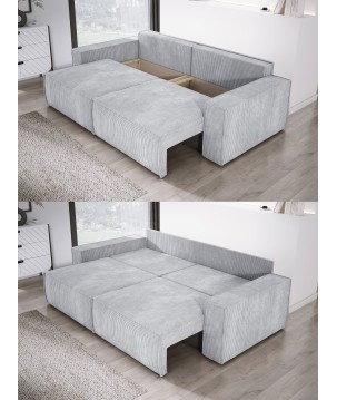 Kanapa KASJO Uniwersalny Sofo-Narożnik z funkcją spania i poduszkami, 2x pojemnik POSO 110 Popielaty DOMOHOME