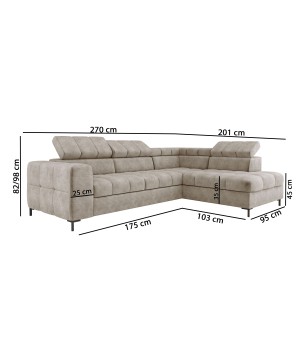 Narożnik PABLOS układ L strona Lewa w tkaninie CLOUD 79 regulowane zagłówki z funkcją spania