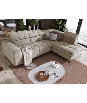 Narożnik PABLOS układ L strona Prawa w tkaninie CLOUD 03 regulowane zagłówki z funkcją spania