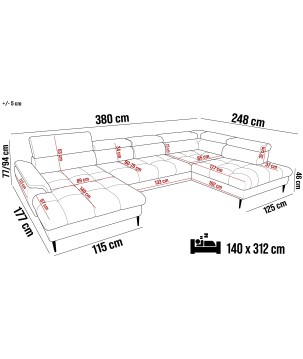 Narożnik EMPOLI XL w układzie U Lewostronny z funkcją spania Lewostronny w ktaninie AUSTIN 20 WERSAL