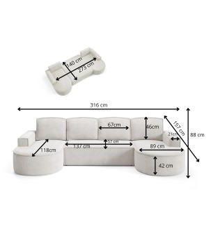 Narożnik MOLLY XL wolnostojący układ U z funkcją spania w tkaninie Curio 02 DomoHome