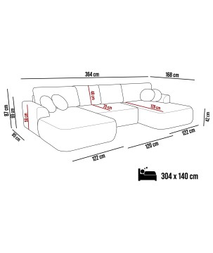 Narożnik VELO XL wolnostojący układ U z funkcją spania w tkaninie Coral 60 DomoHome