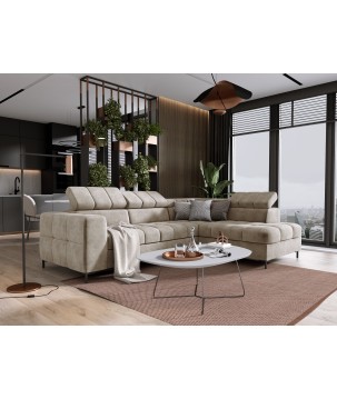 Narożnik PABLOS układ L strona Prawa w tkaninie CLOUD 03 regulowane zagłówki z funkcją spania