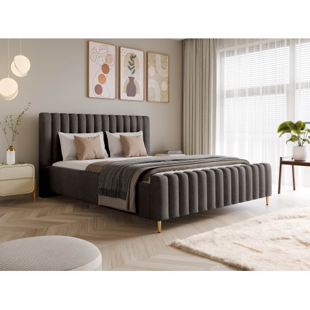 Łóżko LUX tapicerowane z pojemnikiem i zagłówkiem w tkaninie AMON 15 kolor BRĄZOWY DOMOHOME