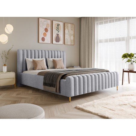 Łóżko LUX tapicerowane z pojemnikiem i zagłówkiem w tkaninie AMON 09 kolor SREBRNY DOMOHOME