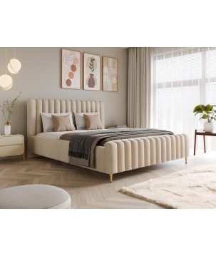Łóżko LUX tapicerowane z pojemnikiem i zagłówkiem w tkaninie AMON 17 kolor PIASKOWY DOMOHOME