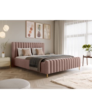 Łóżko LUX tapicerowane z pojemnikiem i zagłówkiem w tkaninie AMON 21 kolor PUDROWY RÓŻ DOMOHOME