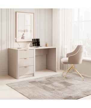 Beżowe Biurko LETNA z 3 szufladami – biurko do gabinetu i toaletka z ryflowanymi frontami