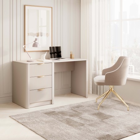 Beżowe Biurko LETNA z 3 szufladami – biurko do gabinetu i toaletka z ryflowanymi frontami