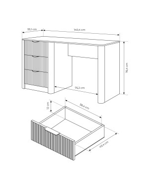 Beżowe Biurko LETNA z 3 szufladami – biurko do gabinetu i toaletka z ryflowanymi frontami