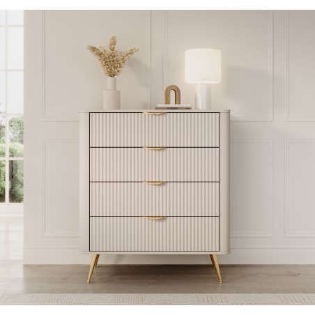 Beżowa Komoda LETNA 4 szuflady – komoda z ryflowanymi frontami Art Déco do salonu i sypialni