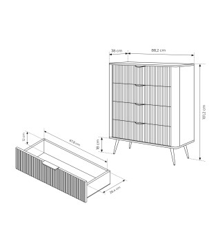 Beżowa Komoda LETNA 4 szuflady – komoda z ryflowanymi frontami Art Déco do salonu i sypialni