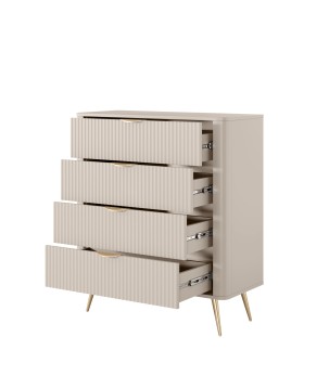 Beżowa Komoda LETNA 4 szuflady – komoda z ryflowanymi frontami Art Déco do salonu i sypialni