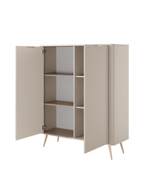 Beżowa Komoda wysoka LETNA 2D – komoda z ryflowanymi frontami do salonu i sypialni na wysokich nóżkach