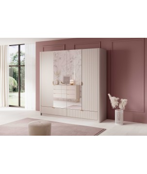 Beżowa Szafa LETNA z lustrem 4 drzwi 2 szuflady drążek półki duża szafa do garderoby lub sypialni