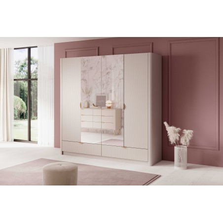 Beżowa Szafa LETNA z lustrem 4 drzwi 2 szuflady drążek półki duża szafa do garderoby lub sypialni