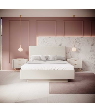 Beżowe Łóżko LETNA 160x200 z pojemnikiem – łóżko tapicerowane z zagłówkiem i stelażem do sypialni